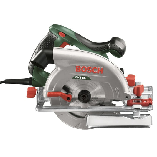 Fierastrau circular Bosch PKS, pentru taiere lemn, 1200 W, 5600 rpm, diametru panza 160mm, diametru alezaj 20 mm, 3.9 kg, protectie II, talpa 153 x 288 mm, 38 mm taiere la 45 grade, 55 mm la 90 grade