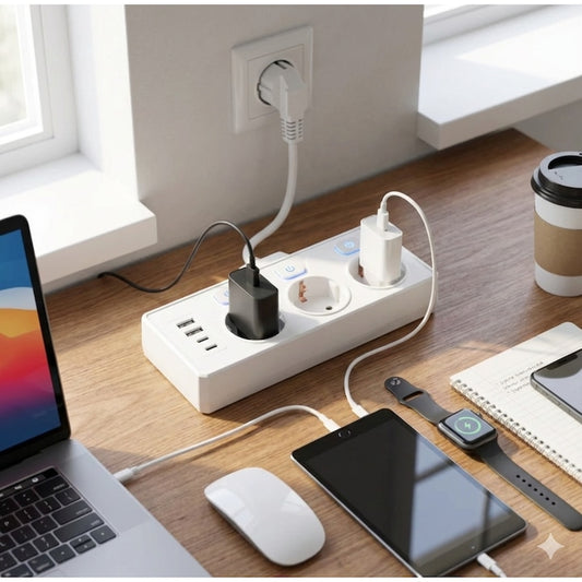 Prelungitor 3 prize, 2 USB, 2 USB-C, 3 x 1.5 mmp, contact de protectie, 3680W, intrerupator individual, alb