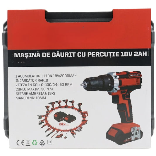 Masina de gaurit si insurubat, cu 2 acumulatori, 18 V, 2 Ah, 1450 rpm, mandrina rapida 10mm, cuplu 30Nm, cu valiza
