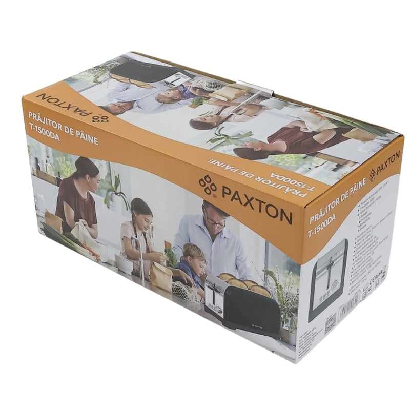 Prajitor de paine Paxton, 1500 W, 4 felii, 7 trepte de rumenire, functie dezghetare, reincalzire, anulare, de ridicare felii, tava pentru firimituri detasabila, negru + argintiu, 1.6 kg, 230 V