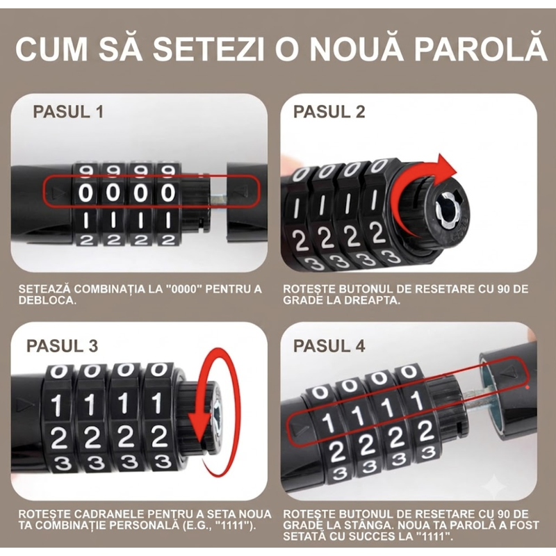 Cablu antifurt 4 cifre bicicleta, scuter, moped, 130 cm, practic si portabil pentru protejarea vehiculelor si echipamentelor impotriva furtului, din metal, cu cheie, calitate superioara, brand NETERRA