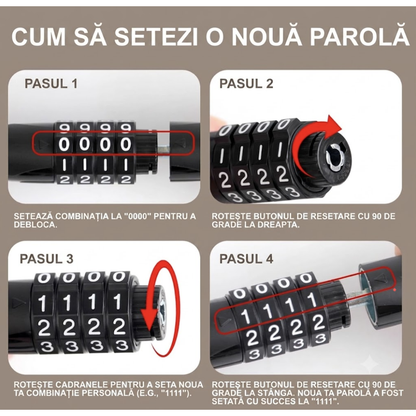 Cablu antifurt 4 cifre bicicleta, scuter, moped, 130 cm, practic si portabil pentru protejarea vehiculelor si echipamentelor impotriva furtului, din metal, cu cheie, calitate superioara, brand NETERRA