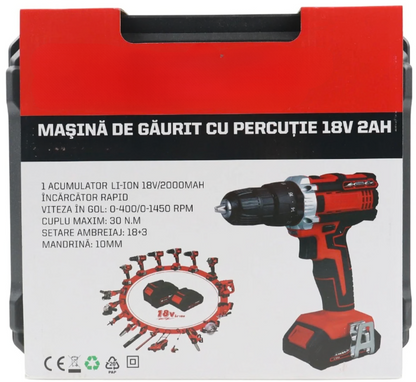 Masina de gaurit si insurubat, cu 2 acumulatori, 18 V, 2 Ah, 1450 rpm, mandrina rapida 10mm, cuplu 30Nm, cu valiza