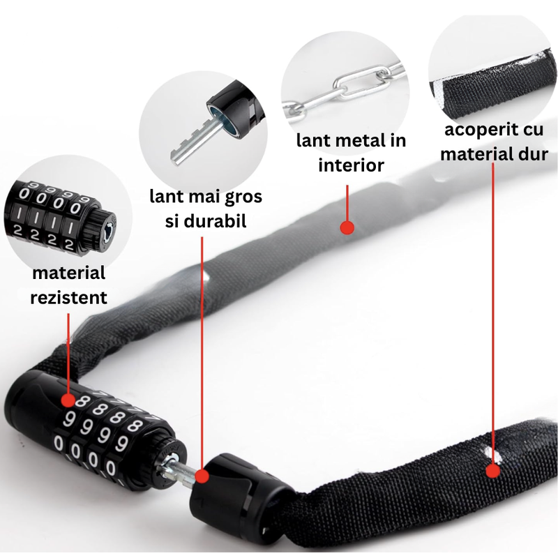 Cablu antifurt 4 cifre bicicleta, scuter, moped, 130 cm, practic si portabil pentru protejarea vehiculelor si echipamentelor impotriva furtului, din metal, cu cheie, calitate superioara, brand NETERRA