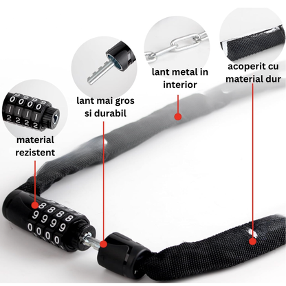 Cablu antifurt 4 cifre bicicleta, scuter, moped, 130 cm, practic si portabil pentru protejarea vehiculelor si echipamentelor impotriva furtului, din metal, cu cheie, calitate superioara, brand NETERRA