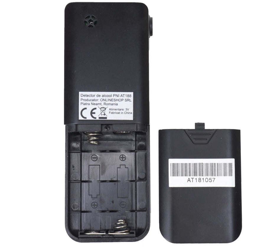 Etilotest portabil, tester alcoolemie, ecran, alarma sonora si luminoasa, alimentare 2 baterii AA, 125 x 45 x 19 mm, 73g