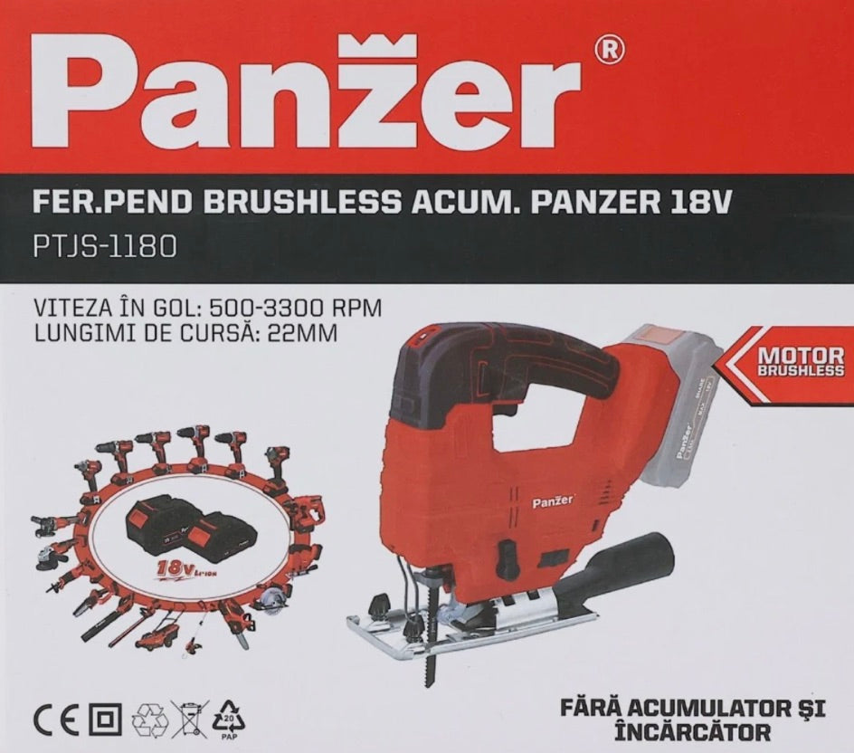 Fierastrau electric vertical, pendular, motor fara perii, Panzer, 18 V, fara acumulator, Li-ion