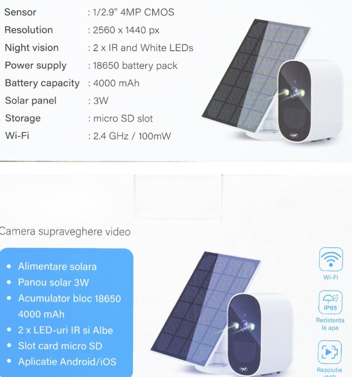 Camera de supraveghere smart, inteligenta, 4MP, panou solar 3W, acumulator 4000mAh, IP65, detectie miscare, microfon, difuzor, vizibilitate nocturna, audio bidirectional, exterior