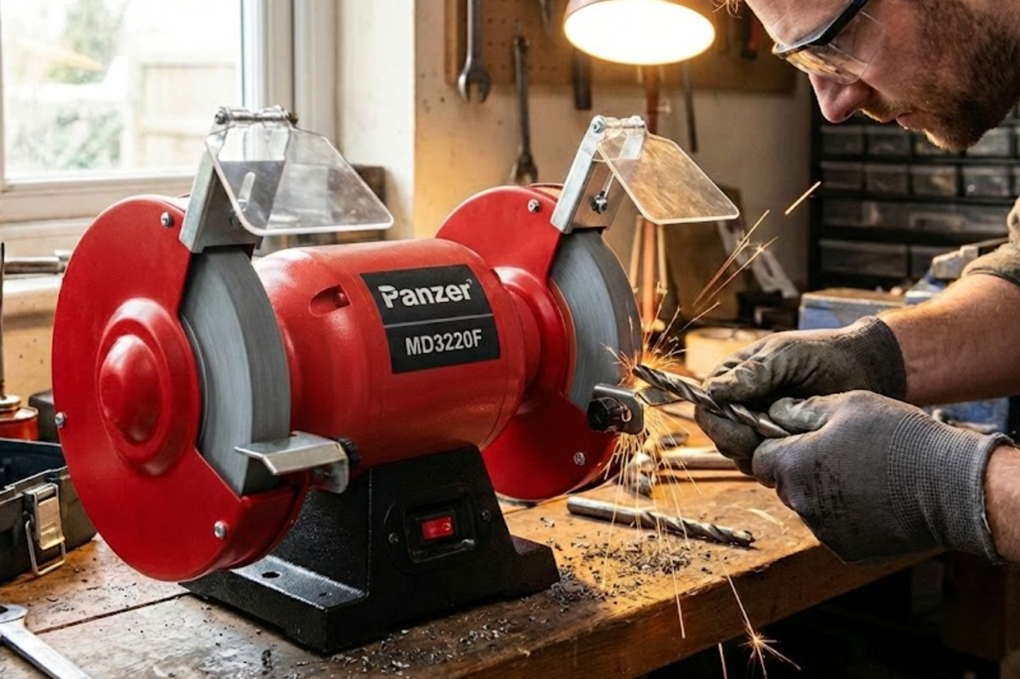 Polizor de banc Panzer, 350 W, 2950 rpm, 200mm diametru disc, protectii incluse viziera si aparatoare pentru scantei, 230V