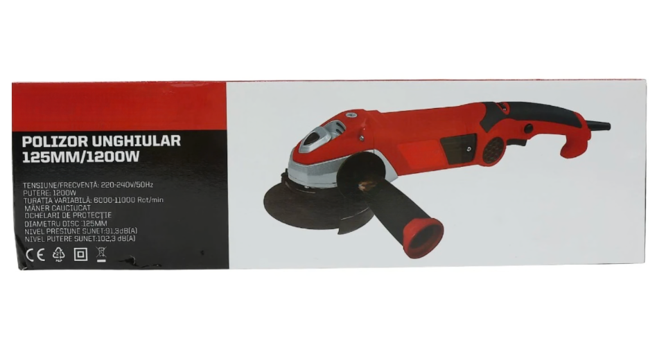 Polizor unghiular, 1200 W, 11000 rpm, 125 mm, buton on off, ax planetar, maner lateral, cutie de viteze, capac de protectie, 230V, 50Hz, 102.3 dB
