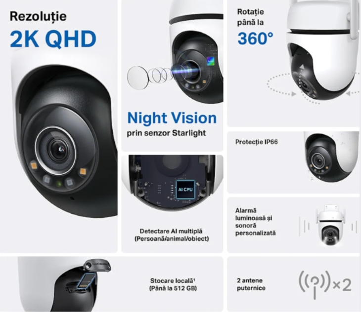 Camera de supraveghere smart, inteligenta, 4MP, 2K, microfon, difuzor, alb, exterior, 2560 × 1440, unghi 340°, microSD 512gb Max, 220V