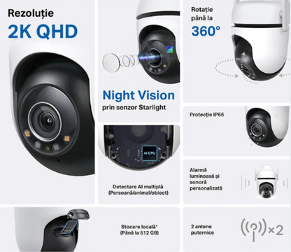 Camera de supraveghere smart, inteligenta, 4MP, 2K, microfon, difuzor, alb, exterior, 2560 × 1440, unghi 340°, microSD 512gb Max, 220V
