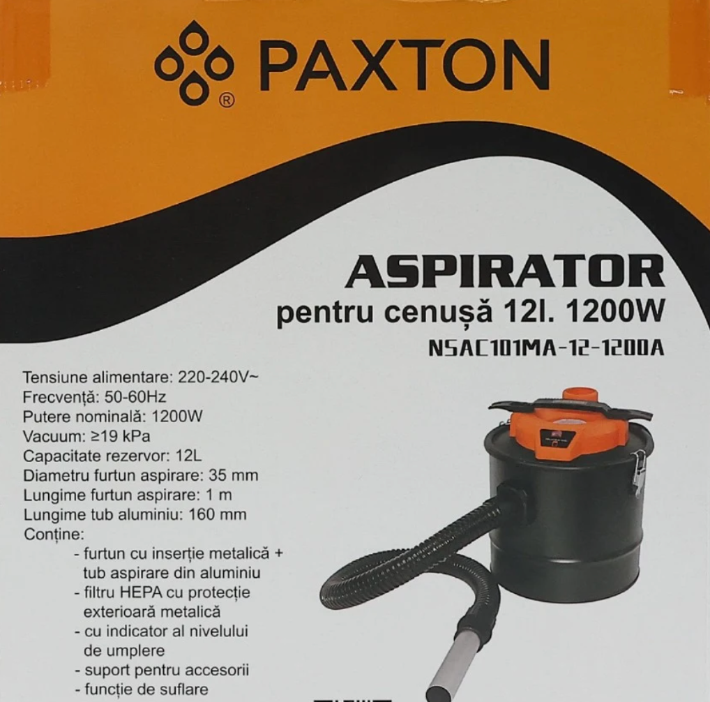 Aspirator cenusa, Paxton, 1200A, 12 l, 1200 W, filtru Hepa, 19kPa, functie de suflare, indicator nivel umplere
