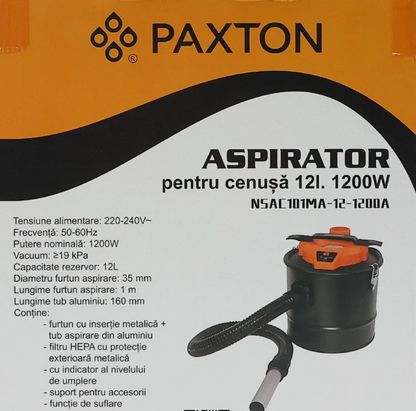 Aspirator cenusa, Paxton, 1200A, 12 l, 1200 W, filtru Hepa, 19kPa, functie de suflare, indicator nivel umplere