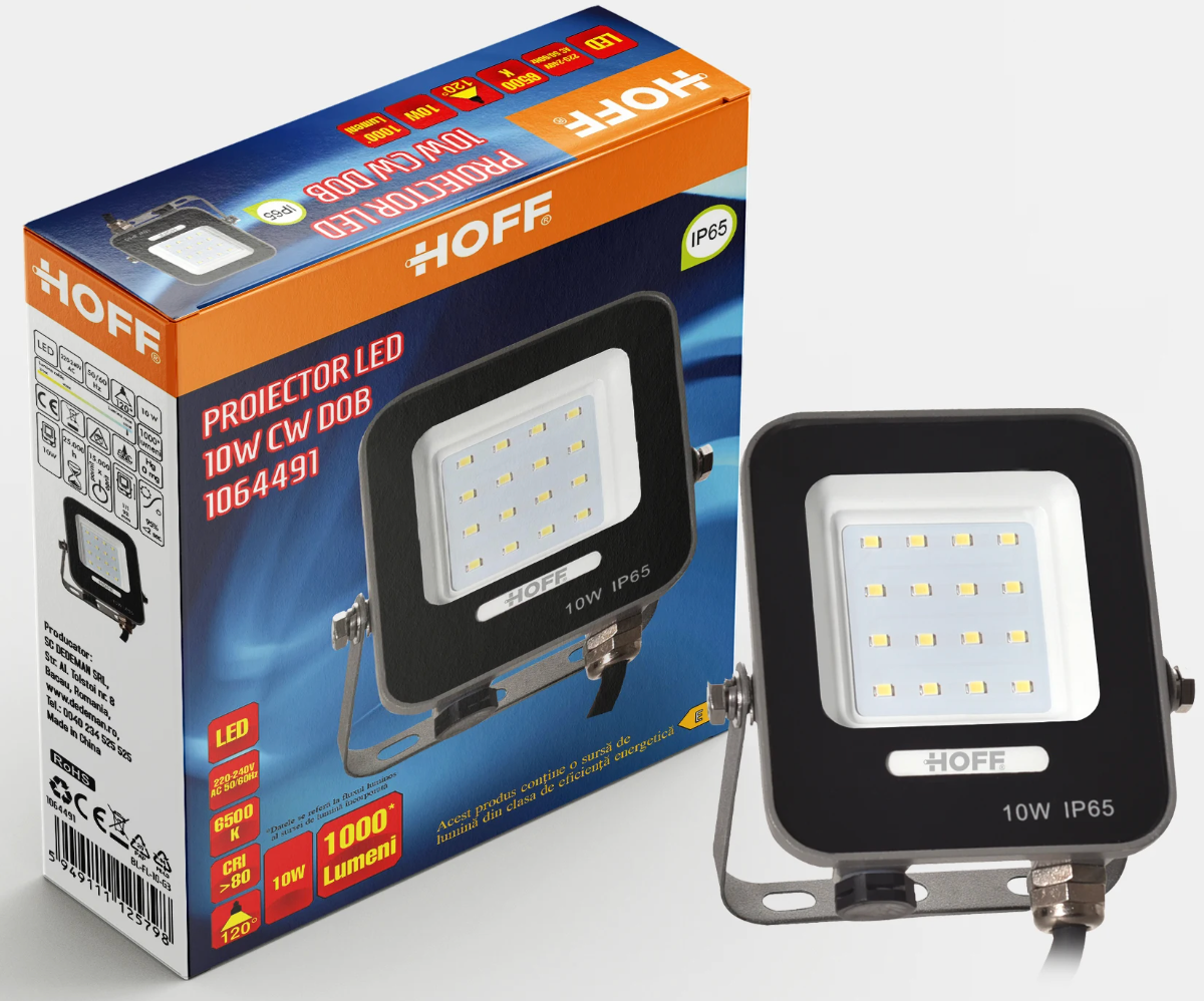 Proiector LED, Hoff, 10W, 1000lm, lumina rece, 6500k, IP65, Fara senzor, exterior si interior, 230V