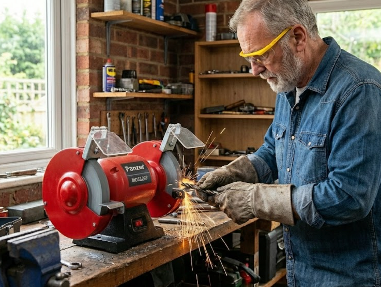 Polizor de banc Panzer, 350 W, 2950 rpm, 200mm diametru disc, protectii incluse viziera si aparatoare pentru scantei, 230V