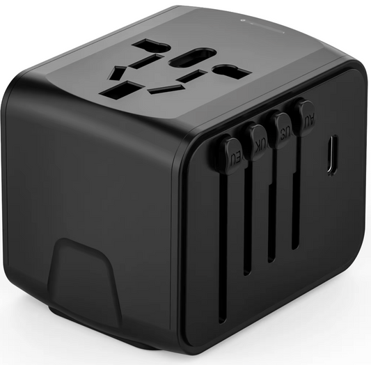 Incarcator de calatorie, universal, adaptor multifunctional cu 4 porturi, 1 priza, 2 USB, 1 USBC, international, SUA, UK, Europa, Australia, 150 tari, 100-250V, 2000W, negru