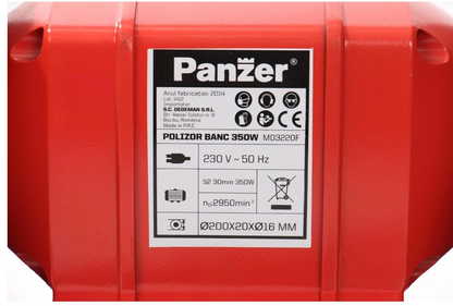 Polizor de banc Panzer, 350 W, 2950 rpm, 200mm diametru disc, protectii incluse viziera si aparatoare pentru scantei, 230V