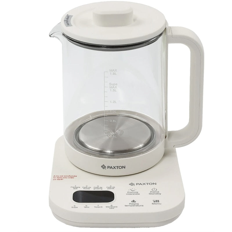 Fierbator apa electric, Paxton, pentru o bautura calda sau o gustare sanatoasa, 800 W, 1.8 l, alb, 8 programe presetate, pornire intarziata, reglaj temperatura, pastreaza setarile anterioare, 1.3kg