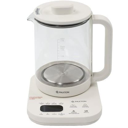 Fierbator apa electric, Paxton, pentru o bautura calda sau o gustare sanatoasa, 800 W, 1.8 l, alb, 8 programe presetate, pornire intarziata, reglaj temperatura, pastreaza setarile anterioare, 1.3kg