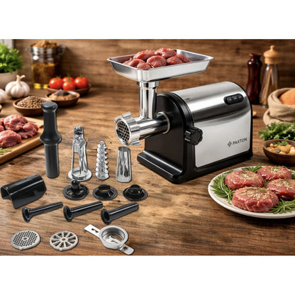 Masina de tocat carne electrica, Paxton, 1 viteza, functie Reverse, 2.8 kg/min, 3000 W, argintiu si negru, accesoriu carnati, accesoriu kibbe, accesoriu suc rosii, accesoriu piscoturi, 5.2 kg, 0.8 m