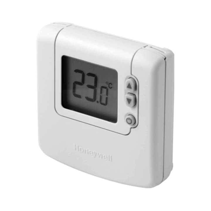 Termostat de ambient Honeywell, adisaj digital, cu fir, 90x92x27mm, pe baterii 2 x AA, 192 g, protectie la inghet, reduce consumul de combustibil al centralei cu aproximativ 10%