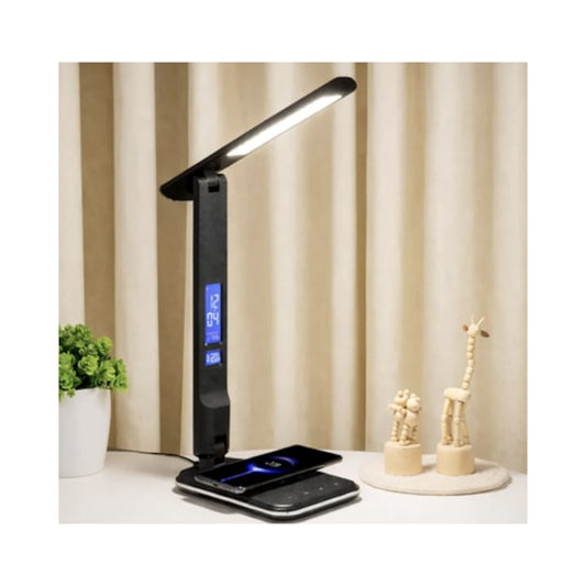 Veioza LED Hoff Noire, 5.5 W, 430 lm, lumina calda, neutra, rece, dimabil, incarcator wireless, afisare temperatura, ceas, data, alarma, negru, modern