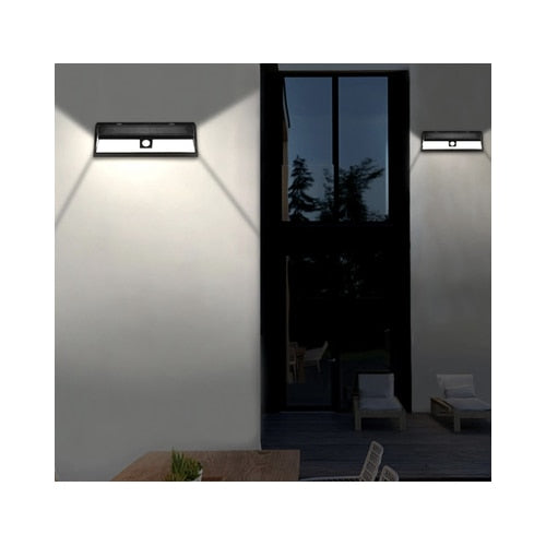 Lampa solara cu LED, 5 W, 360 lm, lumina rece, cu senzor de miscare, 3 moduri de iluminare, negru, IP65, exterior, modern, 30.000 ore media de viata, panou solar