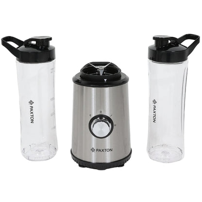 Blender, Paxton, 350 W, 2 trepte de viteza, 0.6 litri, functie Pulse, lama inox, include 2 recipiente sport to go, 2 capace etanse pentru baut argintiu, antialunecare, 1.3 kg, cablu 0.8 m, 230V