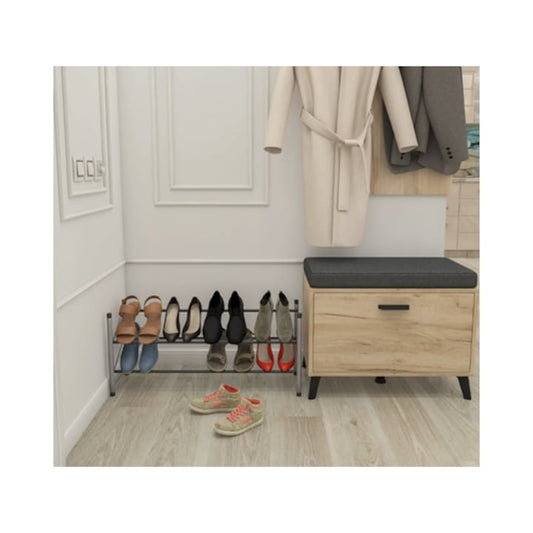 Suport pantofi extensibil Grandio Mob, 115.5 x 23 x 35.5 cm, 2 rafturi, suporta 10kg, necesita montaj, suruburi incluse, metal, gri si negru