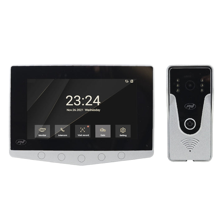 Interfon video PNI DF780 cu 1 monitor, ecran 7 inch 1080p, slot card, IP65, comanda 2 porti, inregistrare miscare eveniment, conexiune maxim 4 monitoare, 2 unitati externe si 2 camere CCTV