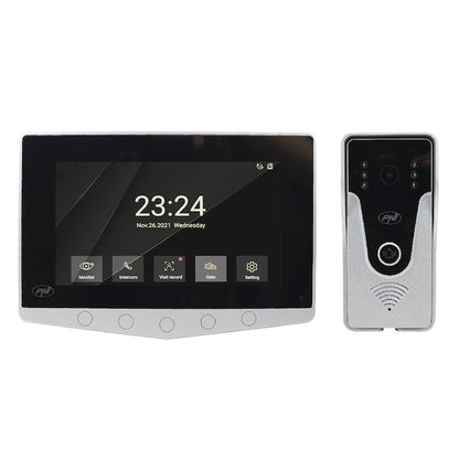Interfon video PNI DF780 cu 1 monitor, ecran 7 inch 1080p, slot card, IP65, comanda 2 porti, inregistrare miscare eveniment, conexiune maxim 4 monitoare, 2 unitati externe si 2 camere CCTV