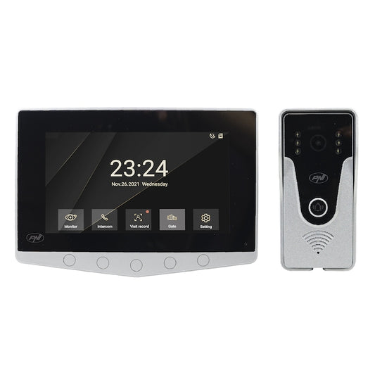 Interfon video PNI DF780 cu 1 monitor, ecran 7 inch 1080p, slot card, IP65, comanda 2 porti, inregistrare miscare eveniment, conexiune maxim 4 monitoare, 2 unitati externe si 2 camere CCTV