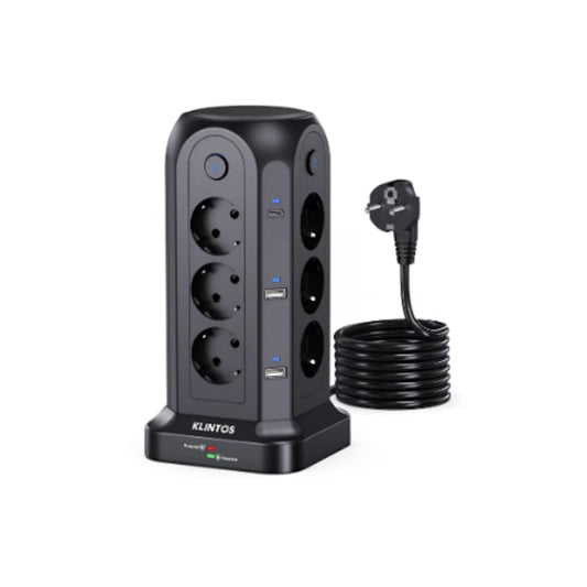 Prelungitor tip turn, 12 prize, 4 USB, 2 USB-C, 4 buton ON/OFF, Protectie impotriva Supratensiunii, 2m, ABS, negru, ideal pentru birouri, 3680W, 230V