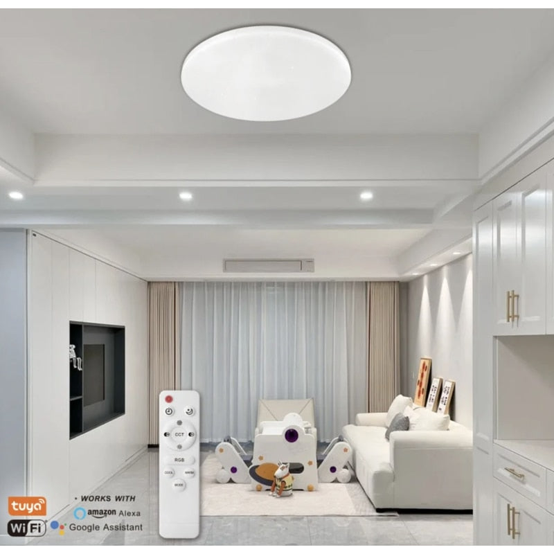 Plafoniera LED RGB inteligenta Hoff, 60 W, 4950 lm, Smart, lumina calda, neutra, rece, multicolora, cu telecomanda, alb, modern, Amazon Alexa, Google Home, SmartThings, RGB, 220V