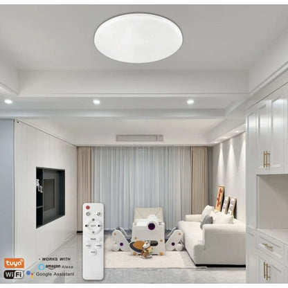 Plafoniera LED RGB inteligenta Hoff, 60 W, 4950 lm, Smart, lumina calda, neutra, rece, multicolora, cu telecomanda, alb, modern, Amazon Alexa, Google Home, SmartThings, RGB, 220V