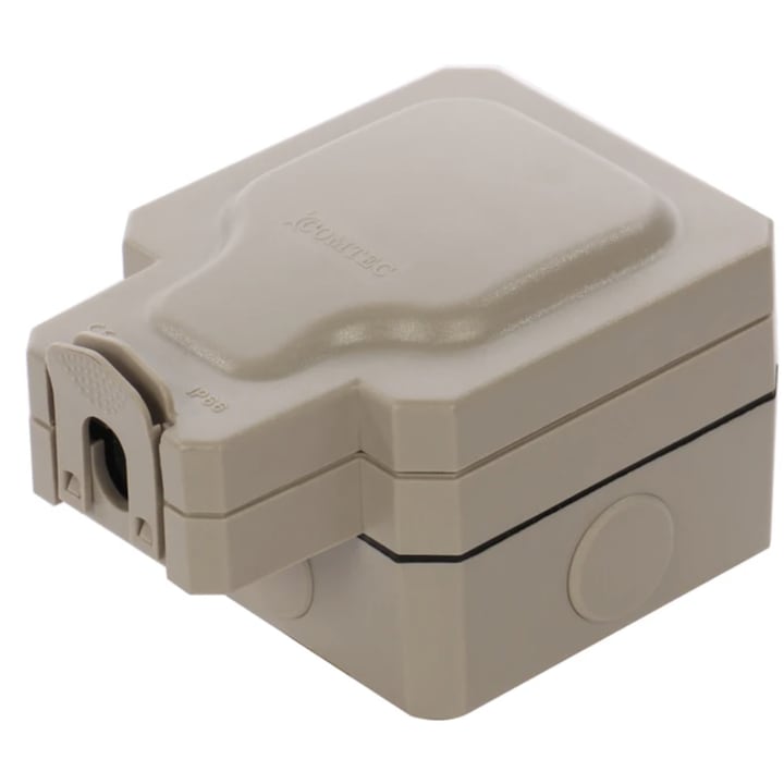 Priza simpla, aparent, cu capac, IP66, exterior, rezistent la ploaie, contact de protectie, material ignifugat, gri