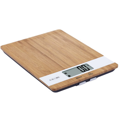 Cantar de bucatarie Kadda, capacitate 5 kg, digital, ecran LCD, baterii 2 x AAA, suprafata lemn bambus, semnalizare supraincarcare, maro, 427 g, capacitate 5 kg, eroare de 1 g