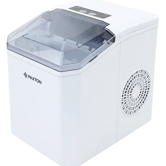 Aparat de facut gheata, Paxton, 100 W, capacitate 1.3 l, capacitate productie cuburi 10.5 kg/24 h, 9 cuburi in 6 min, selectare dimensiune cuburi, indicator lipsa apa, functie de autocuratare, alb