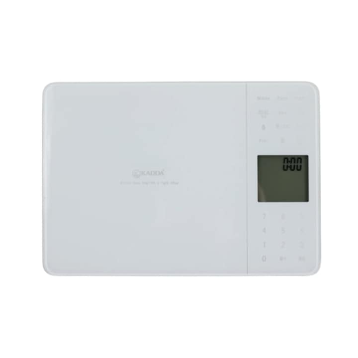 Cantar de bucatarie, Kadda, capacitate 5 kg, digital, ecran LCD, suprafata sticla securizata, functie Tara, memorare valori nutritionale, semnalizare supraincarcare, alb, grame lb, oz