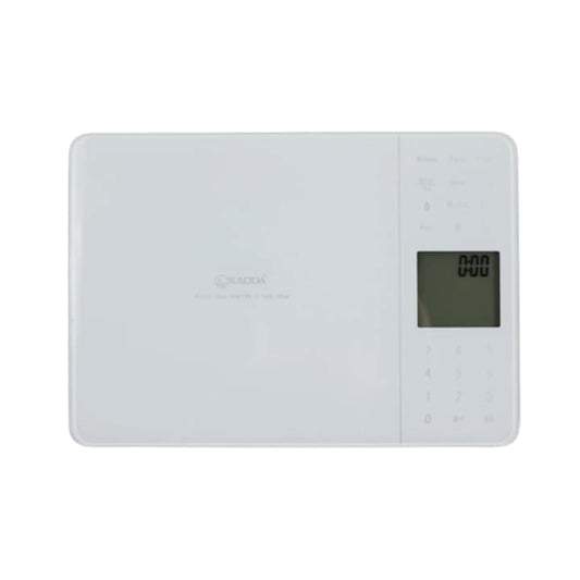 Cantar de bucatarie, Kadda, capacitate 5 kg, digital, ecran LCD, suprafata sticla securizata, functie Tara, memorare valori nutritionale, semnalizare supraincarcare, alb, grame lb, oz