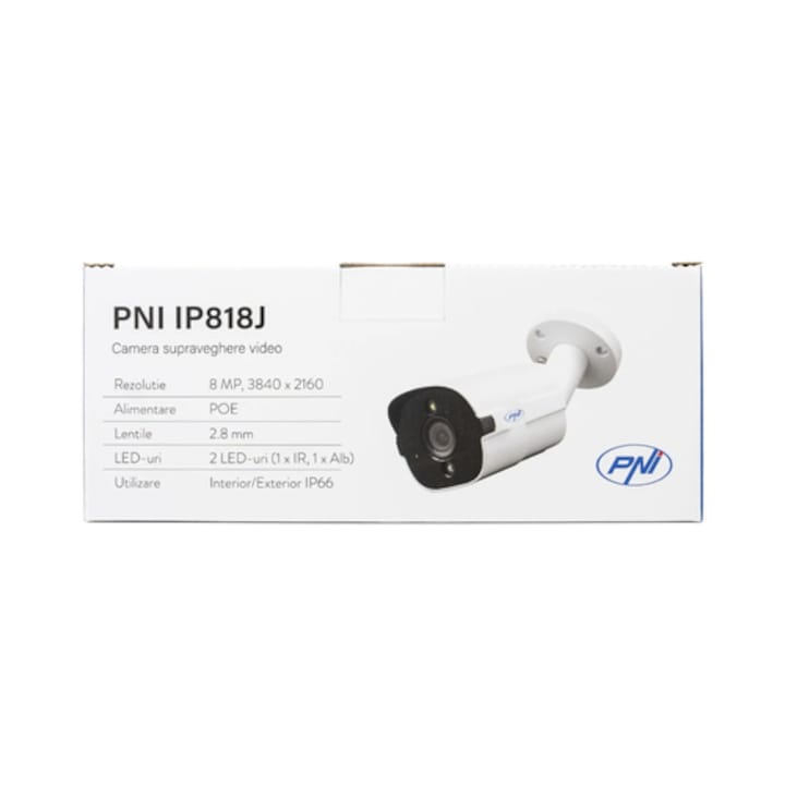Camera de supraveghere PNI IP818J POE, 8MP, Ultra HD 4K, alb, IP66, pentru interior/exterior, senzor de mișcare