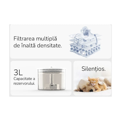 Castron apa pisici, caini, tip fantana, sursa de apa curata si proaspata, E-Boda, alb, 3 l, automat, recirculare inteligenta, usor de montat si curatat, 0.52 kg, 20.5 x 20.5 x 17 cm, cablu 1.5 m