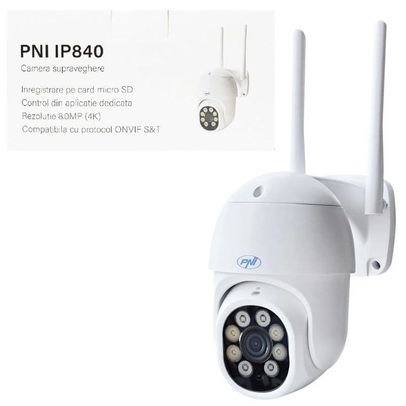Camera de supraveghere smart, inteligenta PNI, Wi-Fi, 8MP, 4K, microfon, difuzor, functii AI, interior, exterior, IP 65, difuzor, detectare miscare, detectare forma umana, aplicatie, sirena, 256 GB