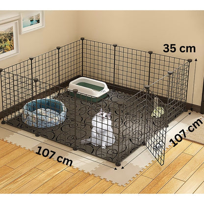 Tarc modular pentru animale mici si medii: iepuri, hamsteri, porcusori, pui, pisici, caini, 12 panouri 35 x 35 cm, constructie personalizata, interior, exterior, montaj rapid, metal, negru, NETERRA