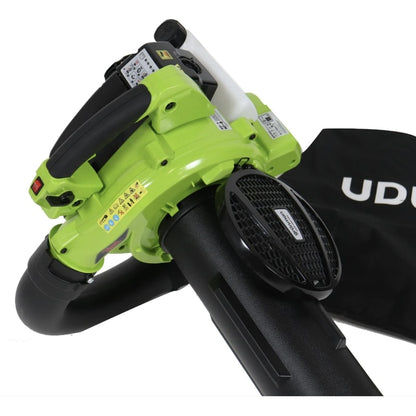 Suflanta / aspirator frunze, pe benzina, Grunman, motor termic in 2T, 0.8 k.W, 1.09 CP, sac 45 l, alimentare amestec benzina + ulei, 6.25 kg, 108 dB, 7500 rot/min, Raport de tocare 16:1, 252 km/h