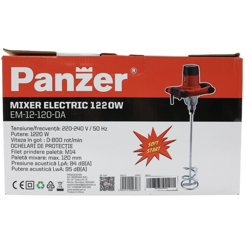 Malaxor, mixer electric Panzer, 1220 W, 120 mm, amestecator adeziv, mortar, vopsele, glet, cu 1 paleta, 800 de rotatii pe minut, M14, 220 V, posibilitatea de a mixa materiale dense, 95 dB