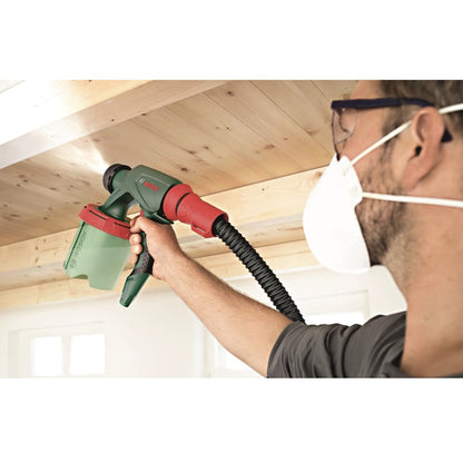 Pistol de vopsit electric, Bosch, 650 W, pulverizare simpla a tuturor tipurilor de vopsea, pentru pereti, lacuri sau lazuri, 300 ml / min, 2.8 kg, 230 V, reumplere rapida, curea de umar, filtru