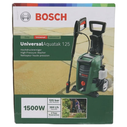 Aparat de spalat cu presiune, Bosch, 1500 W, 360 l/h, 125 bari, furtun 5 m + kit accesorii, duza 3 in 1 jet, indeparteaza murdaria persistenta pe terase, alei, masini, mobilier gradina, autoturisme