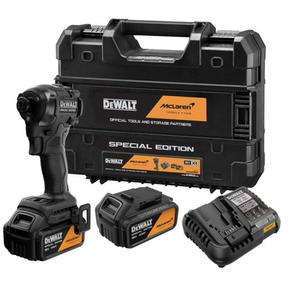 Masina de insurubat cu impact, cu 2 acumulatori inclusi, 18 V, 4 Ah, DeWalt McLaren, profesional, 3250 rpm, madrina hexagon 1/4, motor fara perii, cu valiza, cuplu max 206.2 Nm, mandarina 6.35 mm